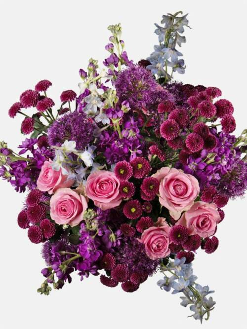 Purple Allium, Light Pink wham rose, Light Pink wham roses, Baby Blue Delphinium, Purple chrysanthemums