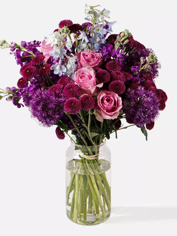 Purple Allium, Light Pink wham rose, Light Pink wham roses, Baby Blue Delphinium, Purple chrysanthemums