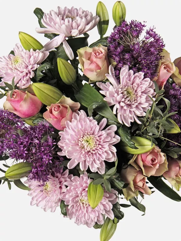 Purple Allium, White Oriental lilies, Rossano Charlotte chrysanthemums, Antique Pink Belle Roses