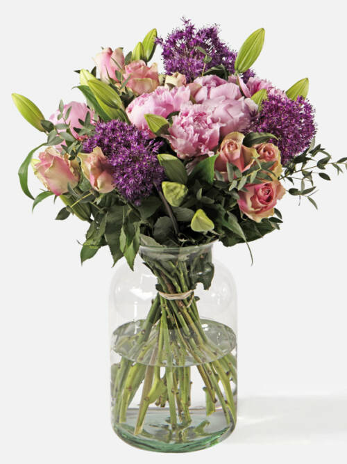 A large bouquet of purple Allium, White Oriental lilies, Pink British peonies, Antique Pink Belle Roses