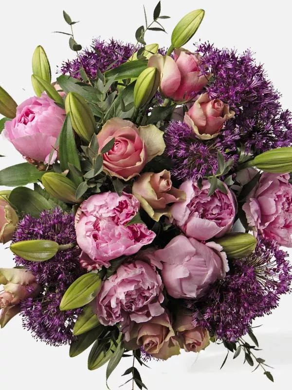 Purple Allium, White Oriental lilies, Pink British peonies, Antique Pink Belle Roses