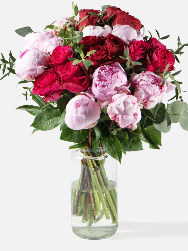 Medium bouquet in glass vase, British flowers, British pink Peonies, British roses, Summer British bouquet