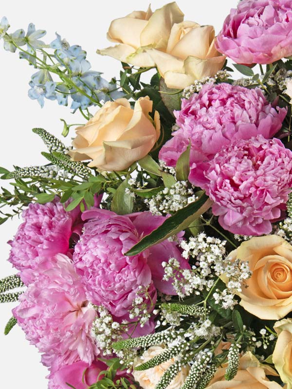 British peonies, Peach roses, Larkspur, veronica flower, Summer British bouquet