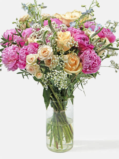 British peonies, Peach roses, Larkspur, veronica flower, Summer British bouquet