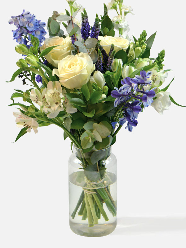 A small bouquet of white roses, freesia, veronica and blue delphinium in a clear glass vase.