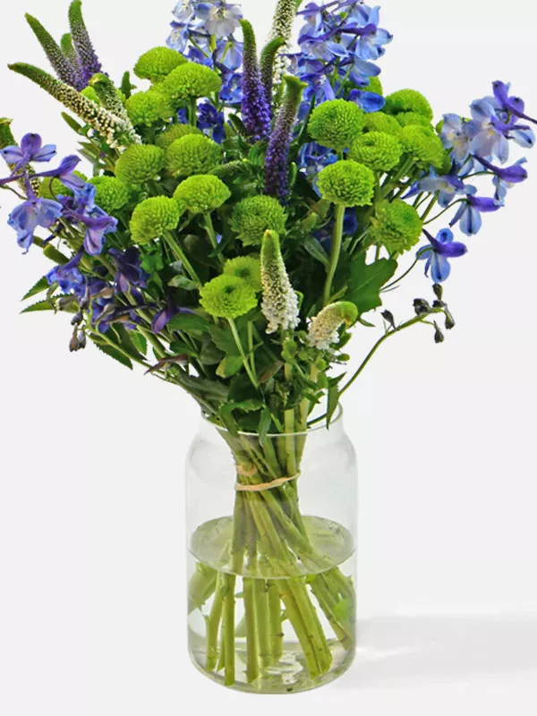 Medium size bouquet of Light blue Delphinium, Green Santini chrysanthemums, White Veronica, Blue Veronica in a clear glass vase